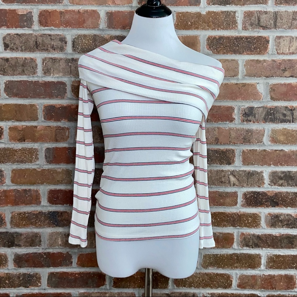Audrey 3+1 Long Sleeve, Ribbed, Striped, Cowl Neck Top- Small
